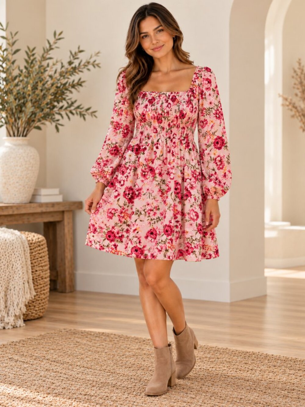 Old Navy Pink and Red Floral Smocked Babydoll Dress, Boho, Petite XL